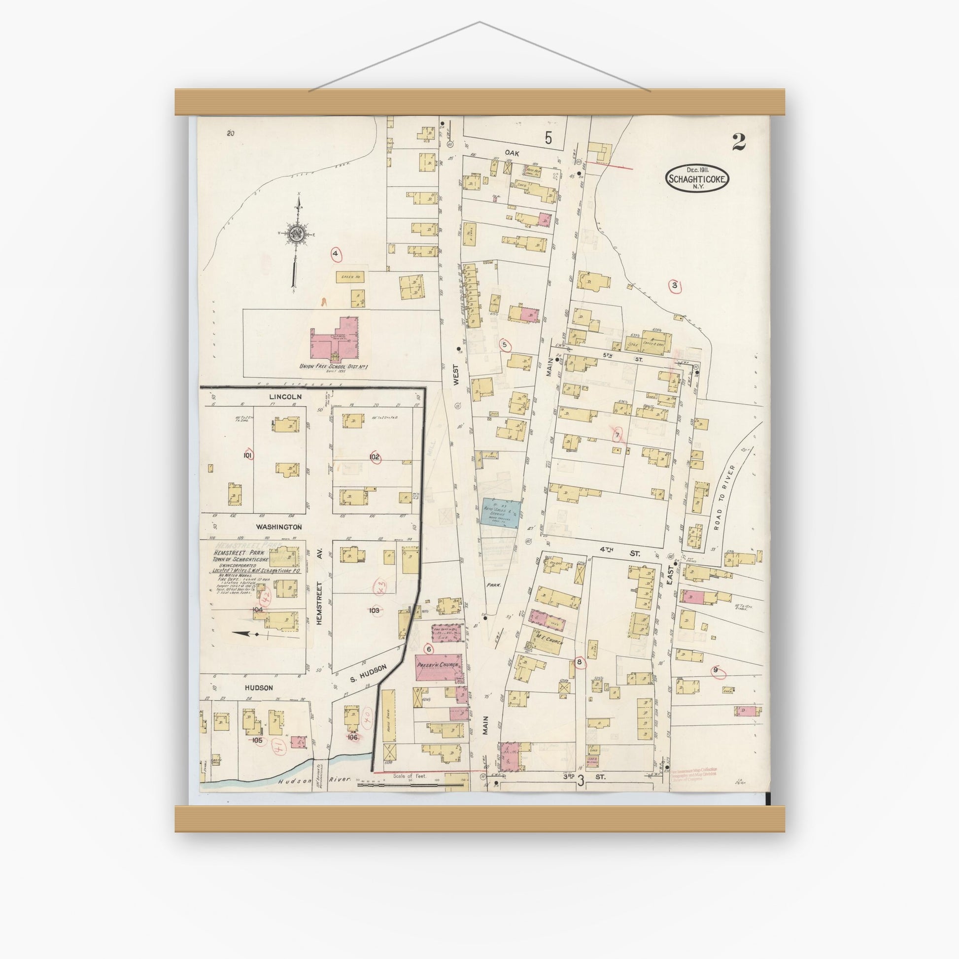 Old map wall art mockup — magnetic wood frame on white wall — Sanborn Fire Insurance Map from Schaghticoke, Rensselaer County, New York (1938), Sheet #0002