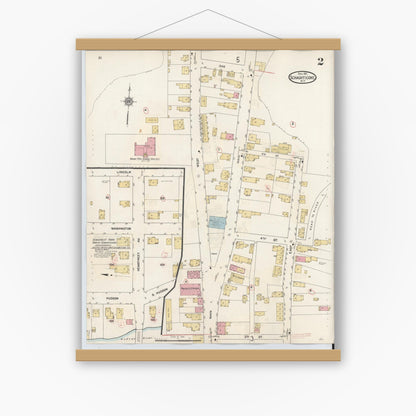 Old map wall art mockup — magnetic wood frame on white wall — Sanborn Fire Insurance Map from Schaghticoke, Rensselaer County, New York (1938), Sheet #0002