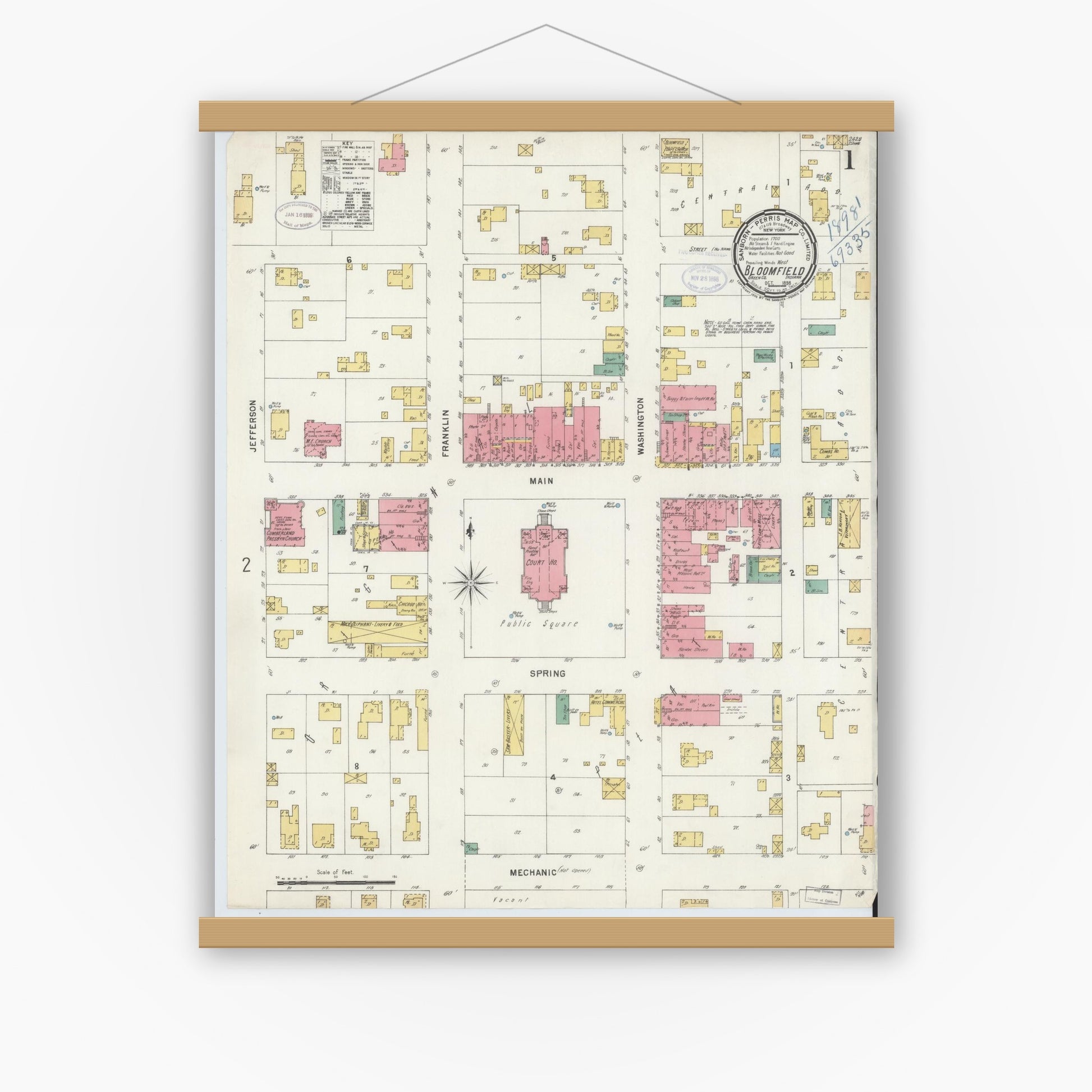 Old map wall art mockup — magnetic wood frame on white wall — Sanborn Fire Insurance Map from Bloomfield, Greene County, Indiana (1898) - Complete Map Set