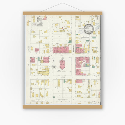 Old map wall art mockup — magnetic wood frame on white wall — Sanborn Fire Insurance Map from Bloomfield, Greene County, Indiana (1898) - Complete Map Set