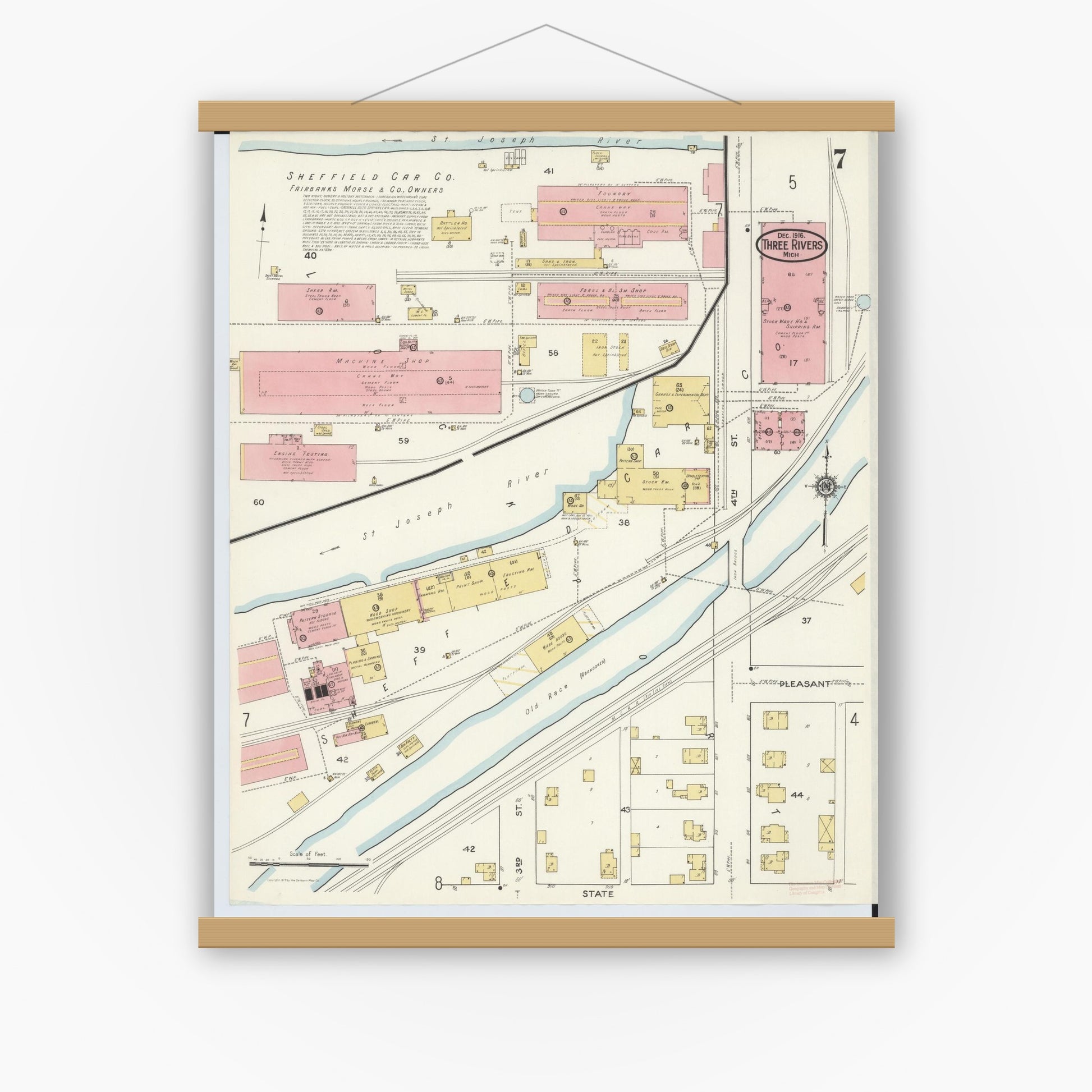 Old map wall art mockup — magnetic wood frame on white wall — Sanborn Fire Insurance Map from Three Rivers, Saint Joseph County, Michigan (1916), Sheet #0007