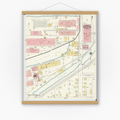 Old map wall art mockup — magnetic wood frame on white wall — Sanborn Fire Insurance Map from Three Rivers, Saint Joseph County, Michigan (1916), Sheet #0007