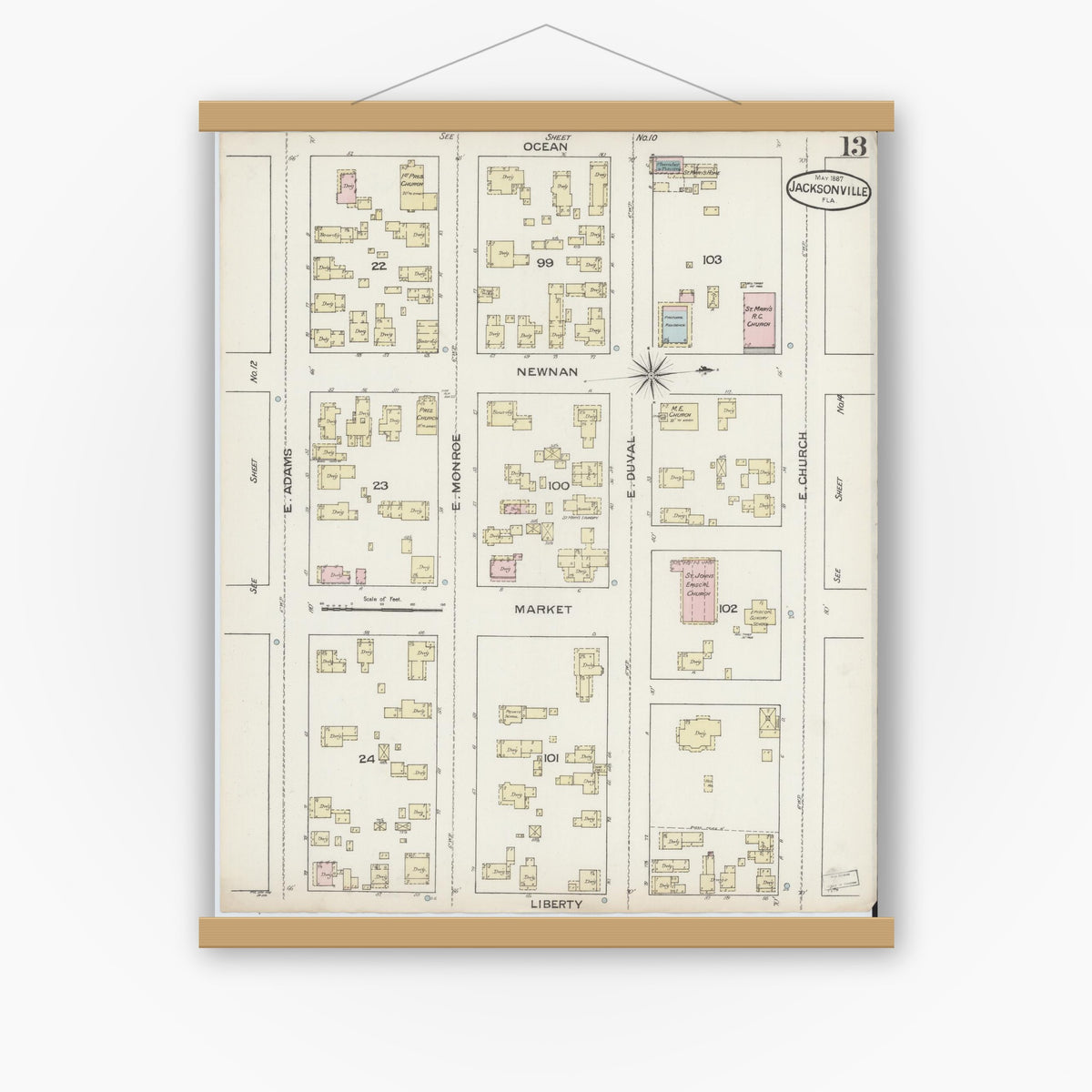 Old map wall art mockup — magnetic wood frame on white wall — Sanborn Fire Insurance Map from Jacksonville, Duval County, Florida (1887), Sheet #0013