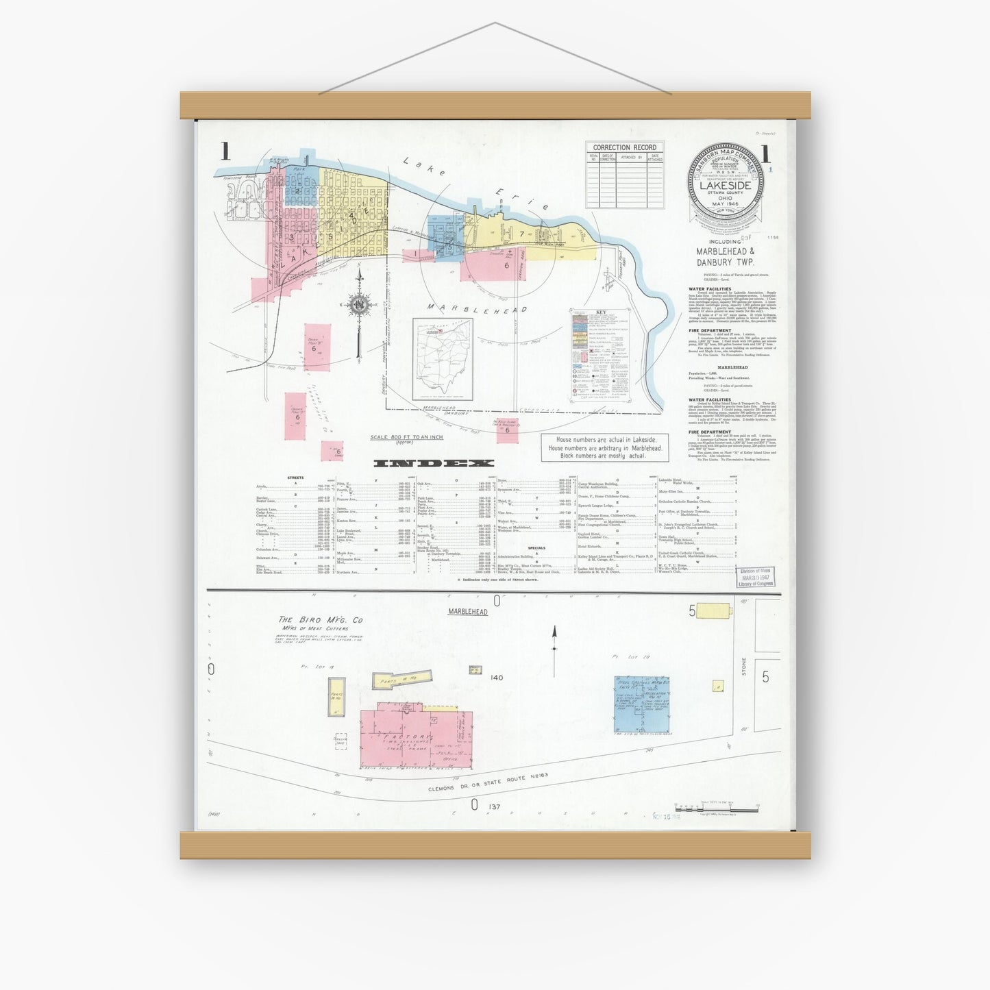 Old map wall art mockup — magnetic wood frame on white wall — Sanborn Fire Insurance Map from Lakeside, Ottawa County, Ohio (1946), Sheet #0001