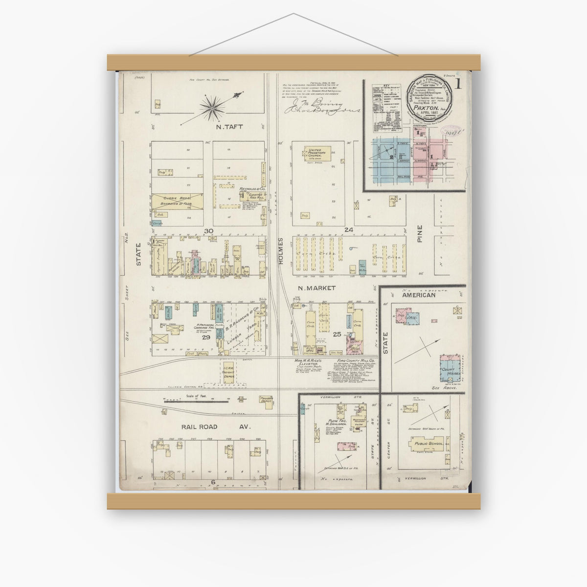 Old map wall art mockup — magnetic wood frame on white wall — Sanborn Fire Insurance Map from Paxton, Ford County, Illinois (1887) - Complete Map Set