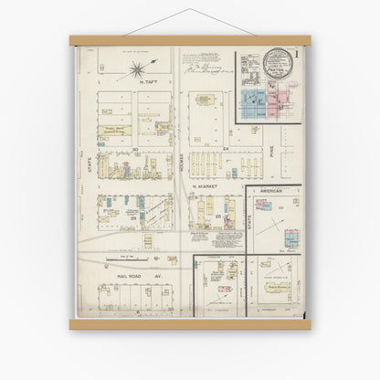 Old map wall art mockup — magnetic wood frame on white wall — Sanborn Fire Insurance Map from Paxton, Ford County, Illinois (1887) - Complete Map Set