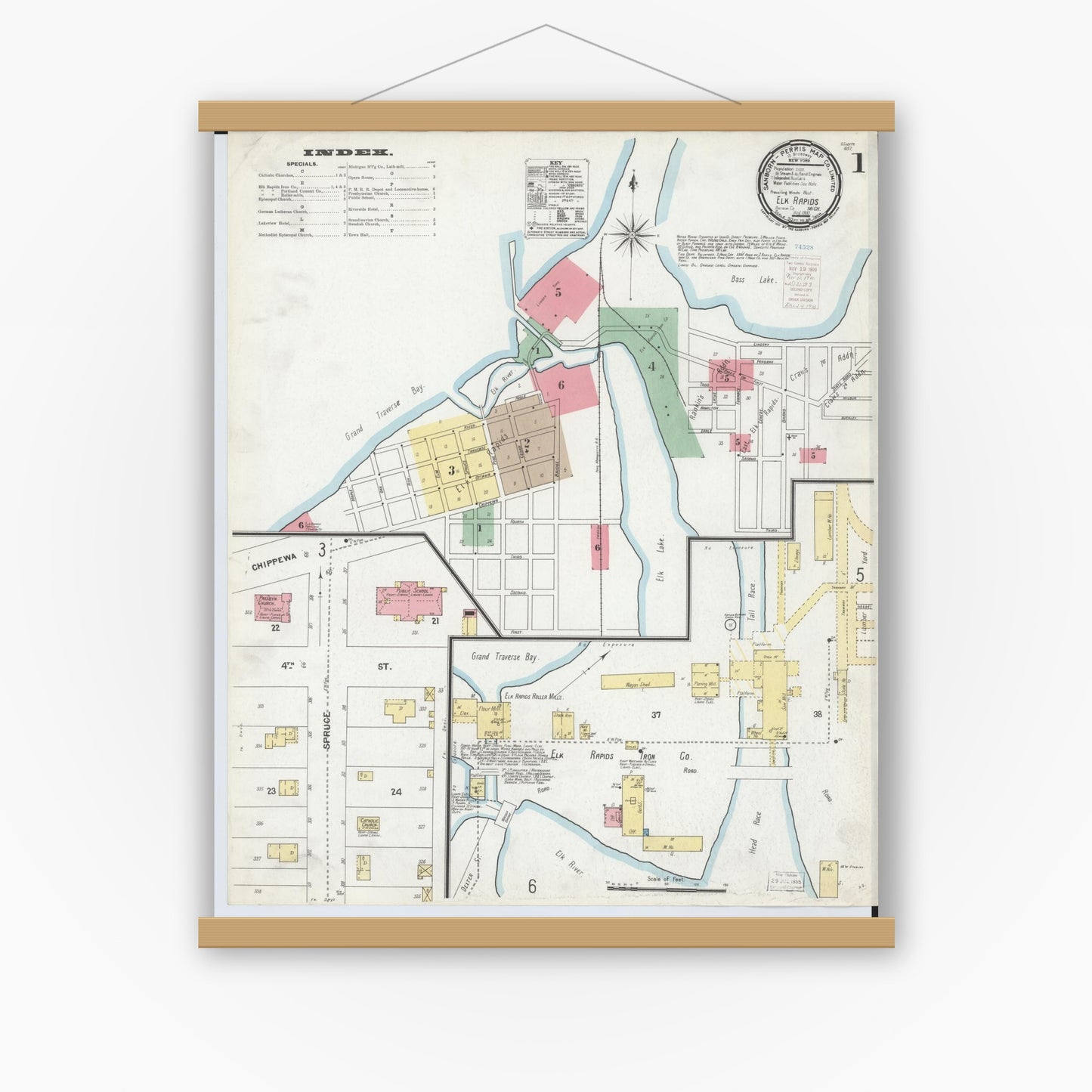 Old map wall art mockup — magnetic wood frame on white wall — Sanborn Fire Insurance Map from Elk Rapids, Antrim County, Michigan (1900) - Complete Map Set