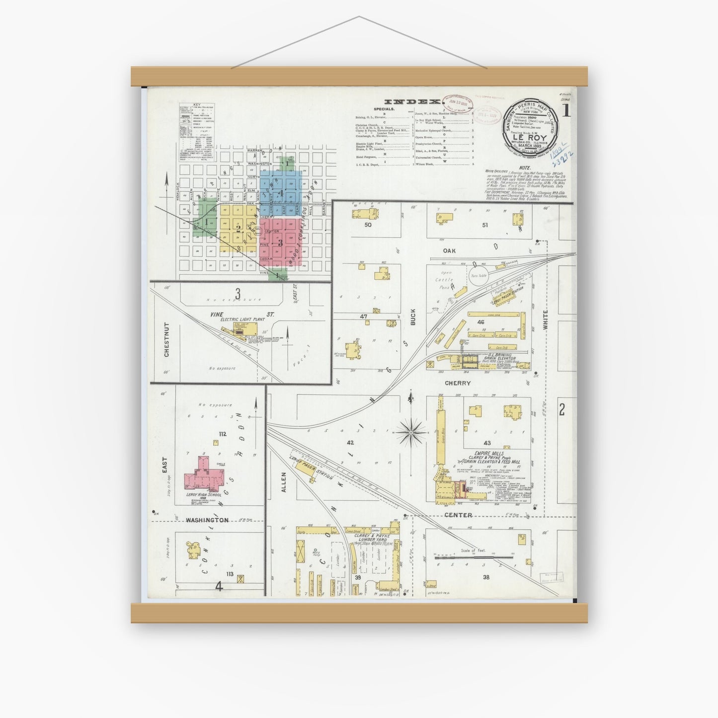 Old map wall art mockup — magnetic wood frame on white wall — Sanborn Fire Insurance Map from Leroy, McLean County, Illinois (1899), Sheet #0001