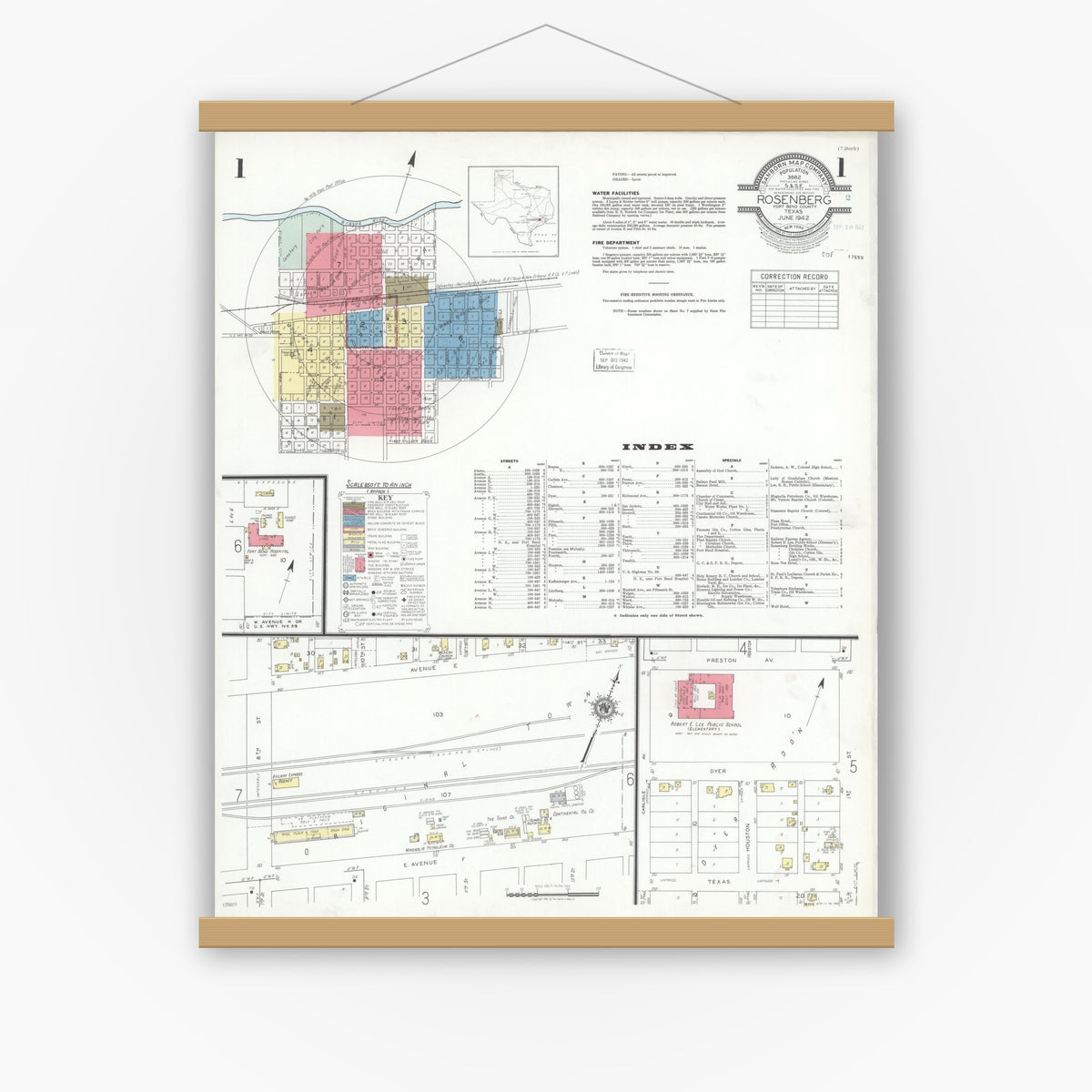 Old map wall art mockup — magnetic wood frame on white wall — Sanborn Fire Insurance Map from Rosenberg, Fort Bend County, Texas (1942), Sheet #0001