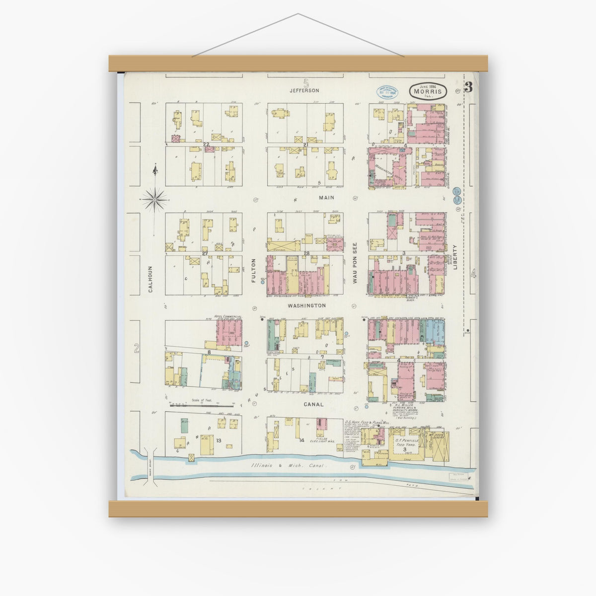 Old map wall art mockup — magnetic wood frame on white wall — Sanborn Fire Insurance Map from Morris, Grundy County, Illinois (1894), Sheet #0003