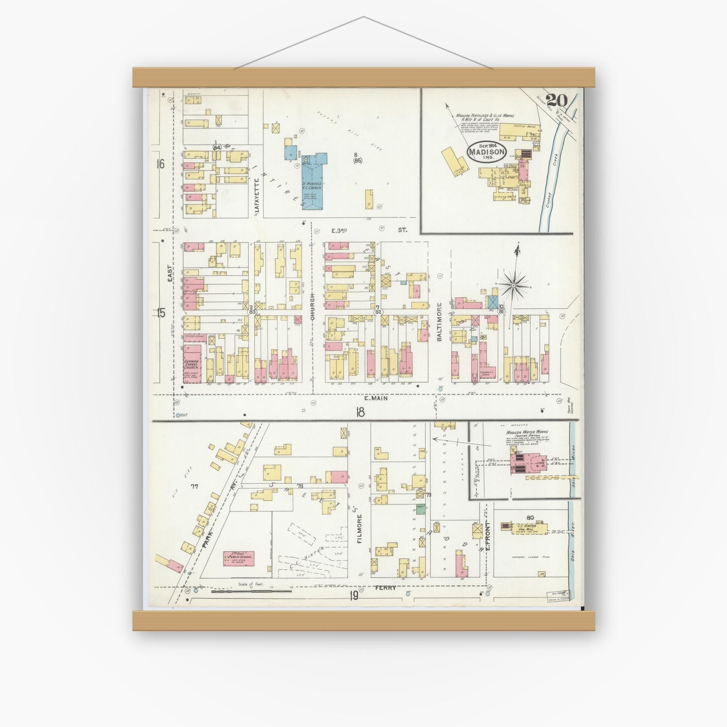 Old map wall art mockup — magnetic wood frame on white wall — Sanborn Fire Insurance Map from Madison, Jefferson County, Indiana (1904), Sheet #0020