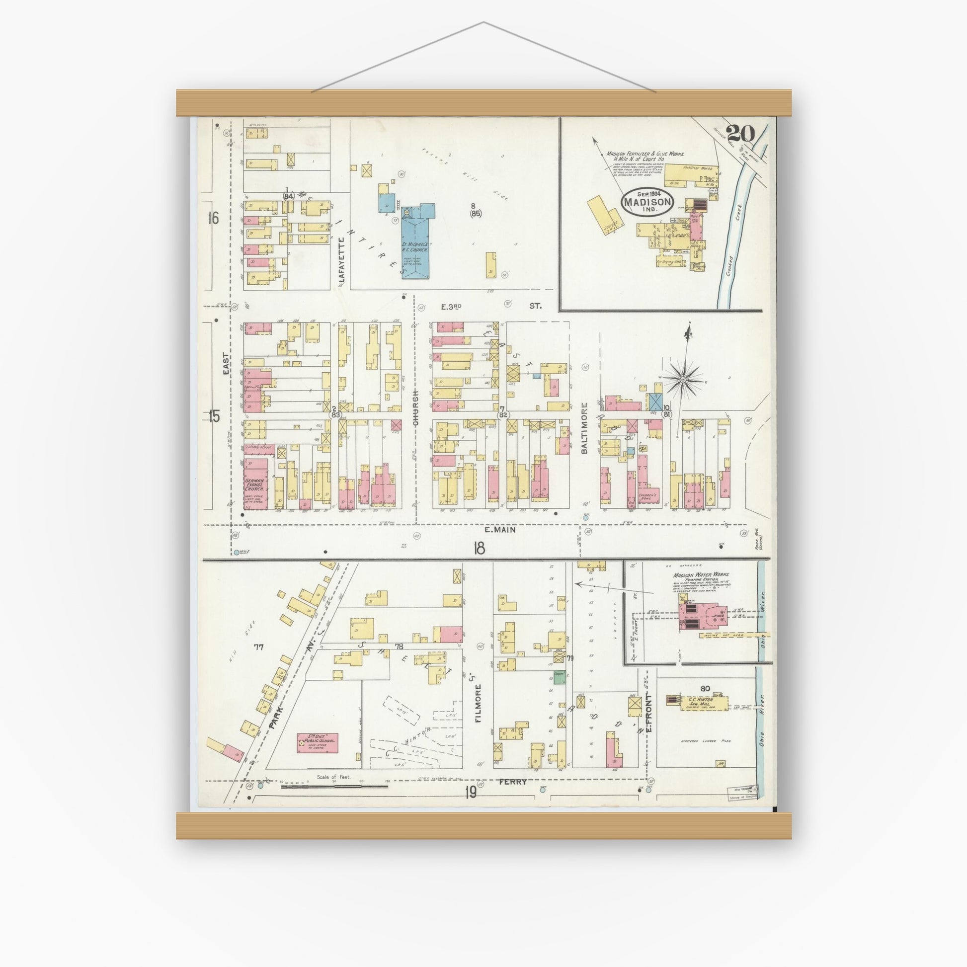 Old map wall art mockup — magnetic wood frame on white wall — Sanborn Fire Insurance Map from Madison, Jefferson County, Indiana (1904), Sheet #0020