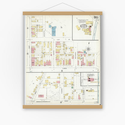Old map wall art mockup — magnetic wood frame on white wall — Sanborn Fire Insurance Map from Madison, Jefferson County, Indiana (1904), Sheet #0020