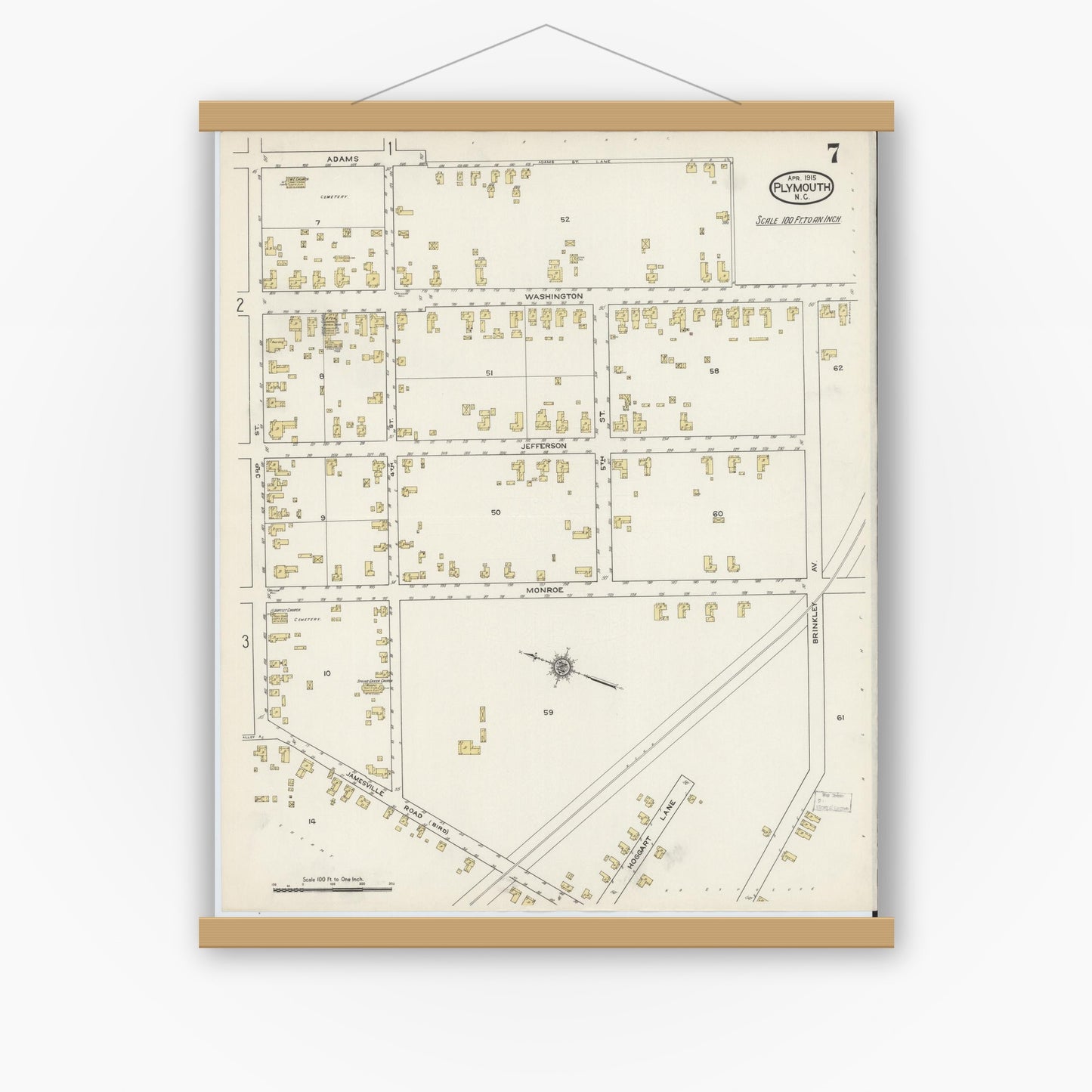 Old map wall art mockup — magnetic wood frame on white wall — Sanborn Fire Insurance Map from Plymouth, Washington County, North Carolina (1915), Sheet #0007