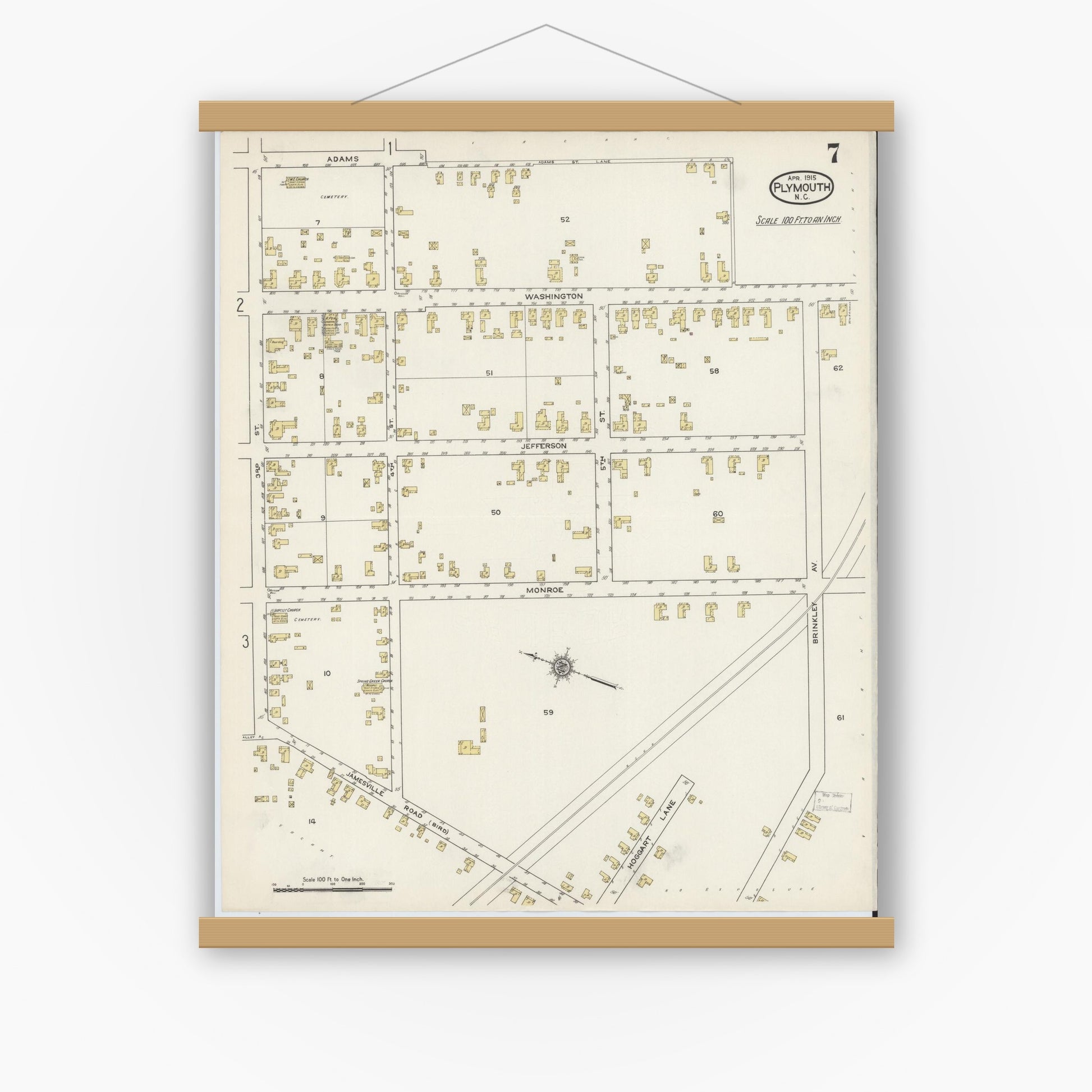 Old map wall art mockup — magnetic wood frame on white wall — Sanborn Fire Insurance Map from Plymouth, Washington County, North Carolina (1915), Sheet #0007