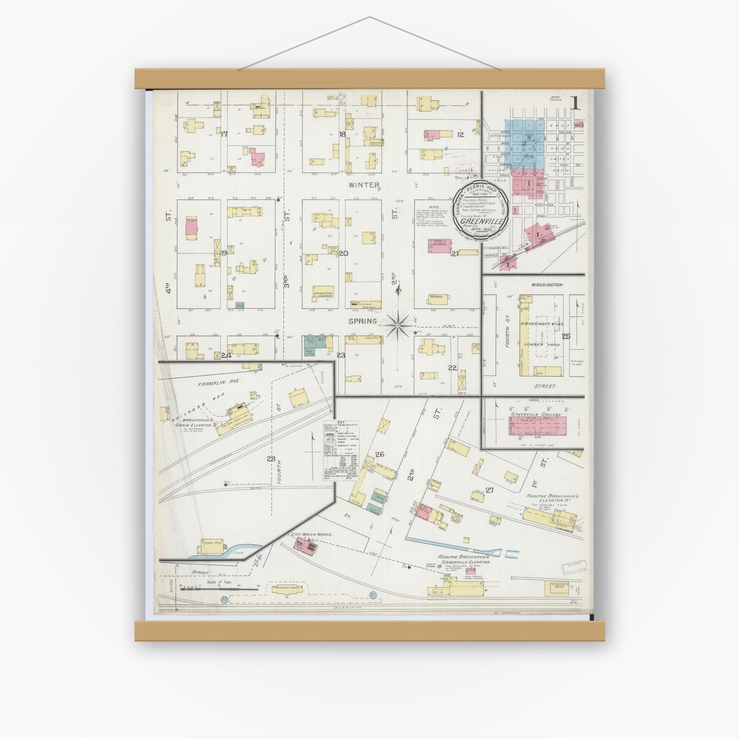 Old map wall art mockup — magnetic wood frame on white wall — Sanborn Fire Insurance Map from Greenville, Bond County, Illinois (1893), Sheet #0001