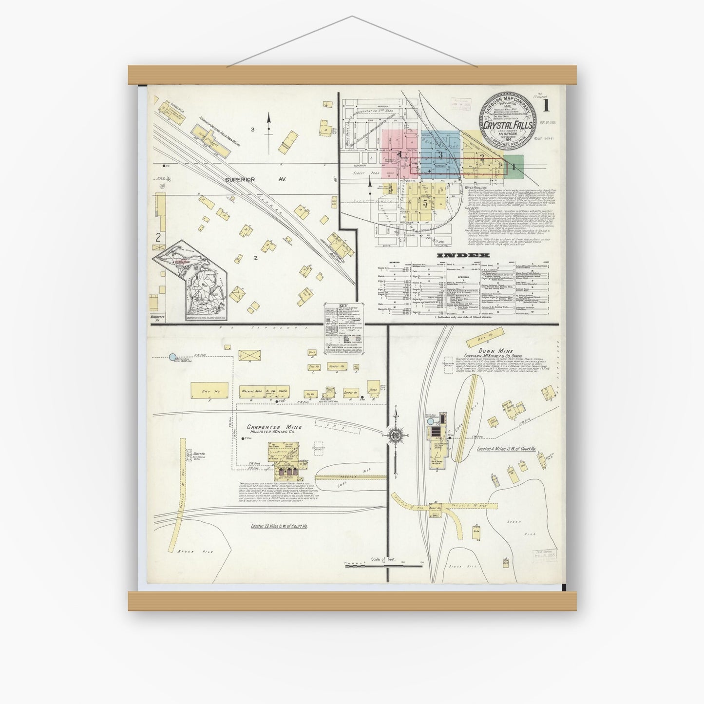 Old map wall art mockup — magnetic wood frame on white wall — Sanborn Fire Insurance Map from Crystal Falls, Iron County, Michigan (1914), Sheet #0001