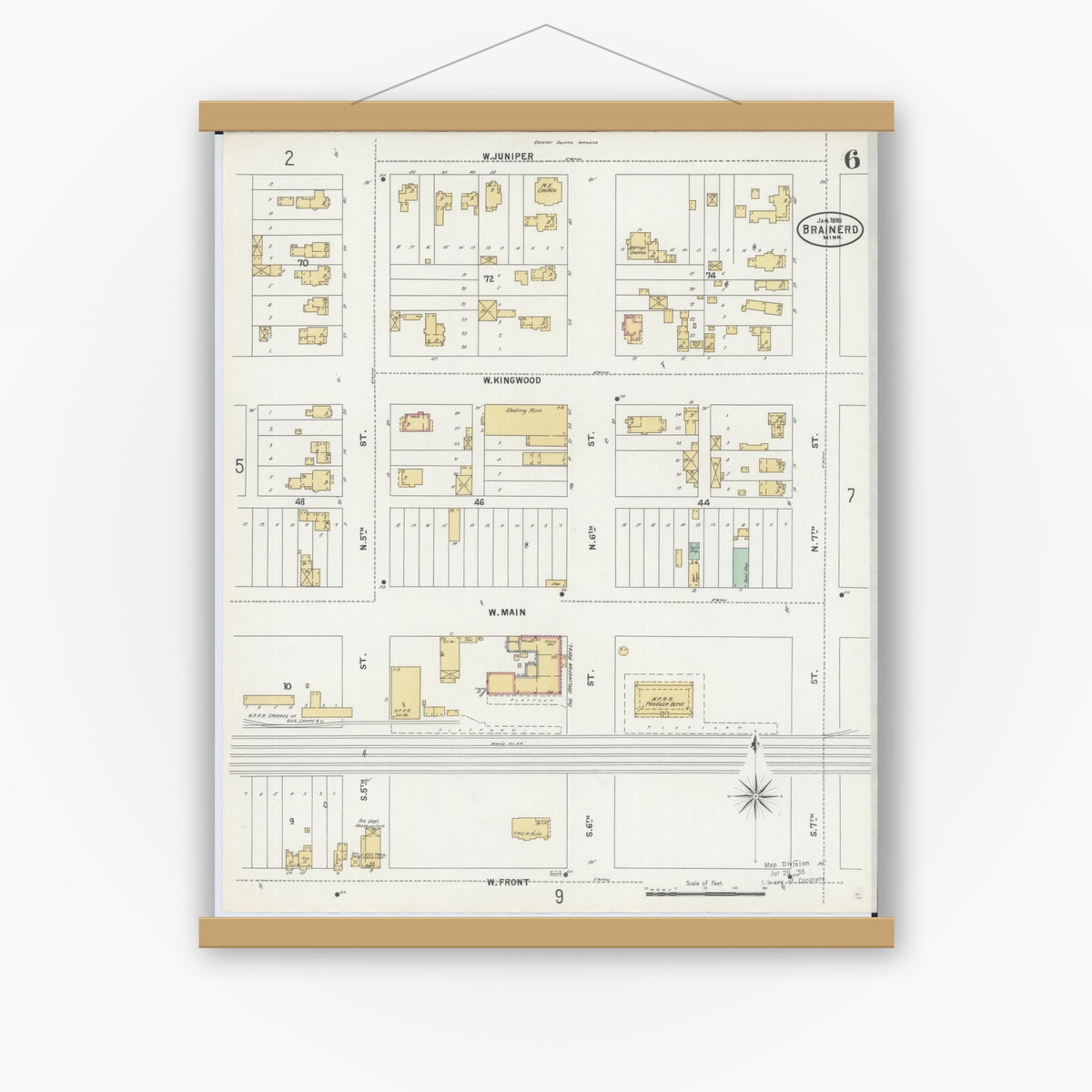 Old map wall art mockup — magnetic wood frame on white wall — Sanborn Fire Insurance Map from Brainerd, Crow Wing County, Minnesota (1898), Sheet #0006