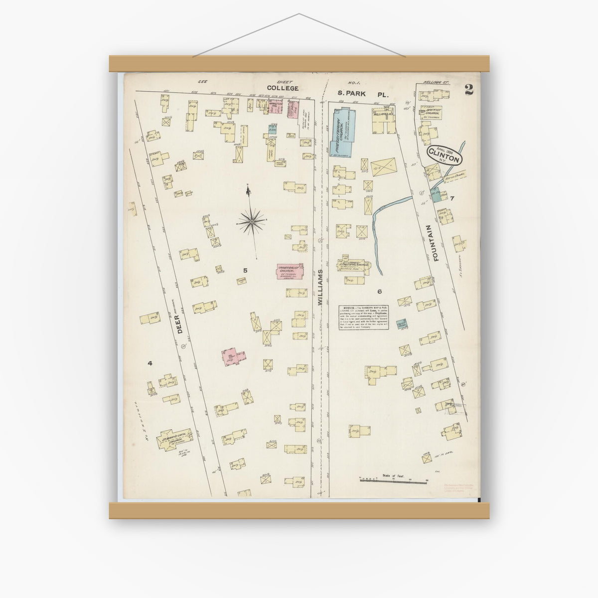 Old map wall art mockup — magnetic wood frame on white wall — Sanborn Fire Insurance Map from Clinton, Oneida County, New York (1884), Sheet #0002