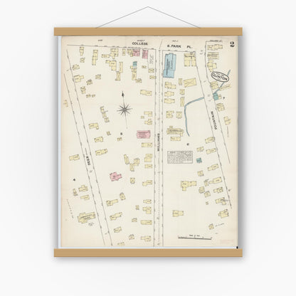 Old map wall art mockup — magnetic wood frame on white wall — Sanborn Fire Insurance Map from Clinton, Oneida County, New York (1884), Sheet #0002
