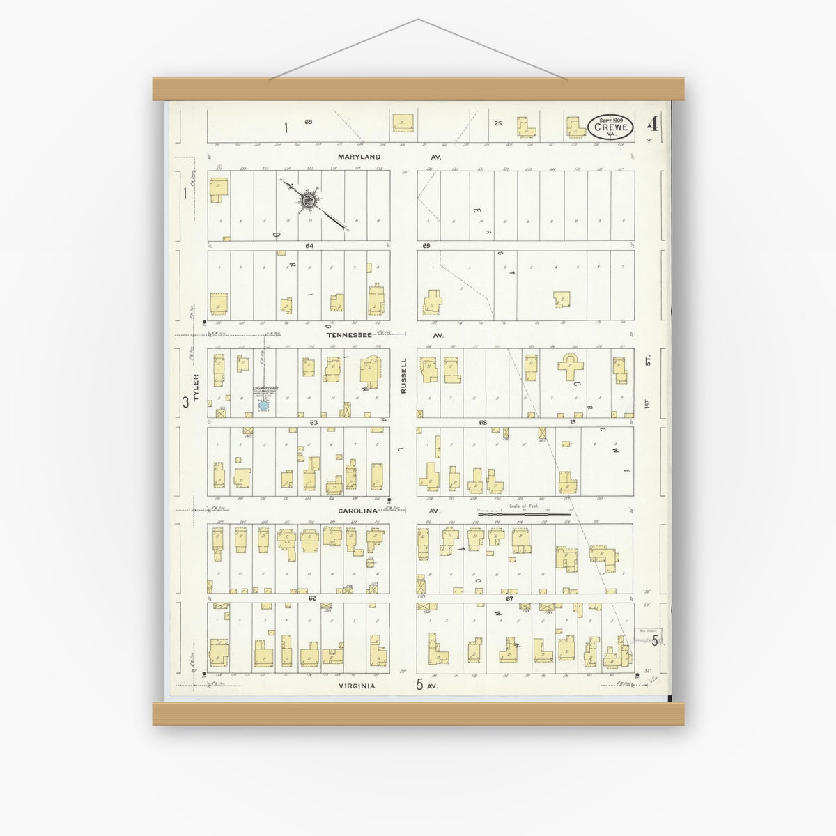 Old map wall art mockup — magnetic wood frame on white wall — Sanborn Fire Insurance Map from Crewe, Nottoway County, Virginia (1909), Sheet #0004