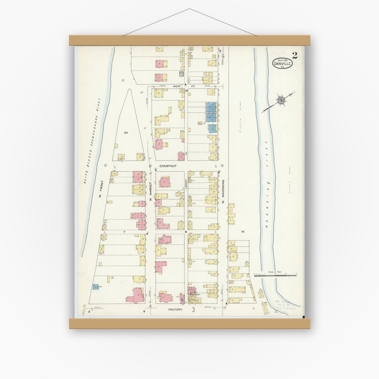 Old map wall art mockup — magnetic wood frame on white wall — Sanborn Fire Insurance Map from Danville, Montour County, Pennsylvania (1913), Sheet #0002