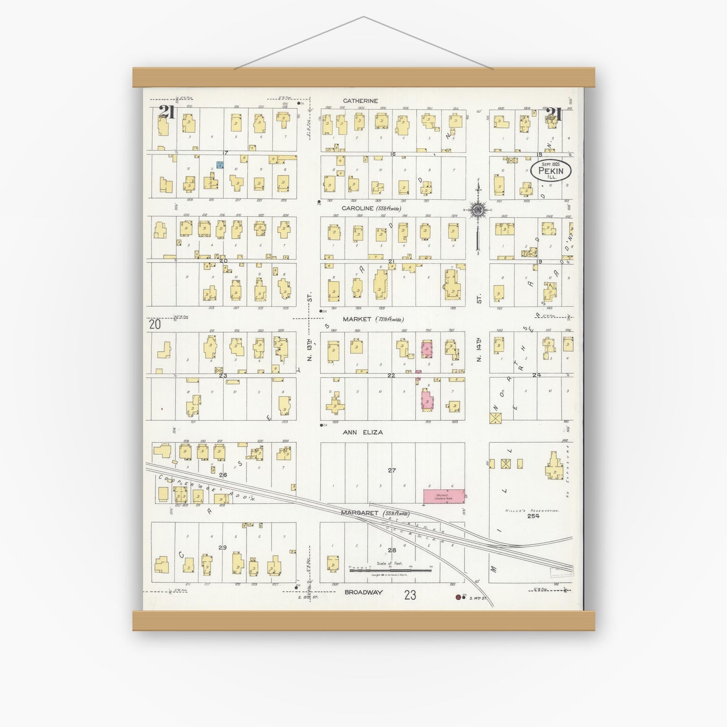 Old map wall art mockup — magnetic wood frame on white wall — Sanborn Fire Insurance Map from Pekin, Tazewell County, Illinois (1925), Sheet #0021