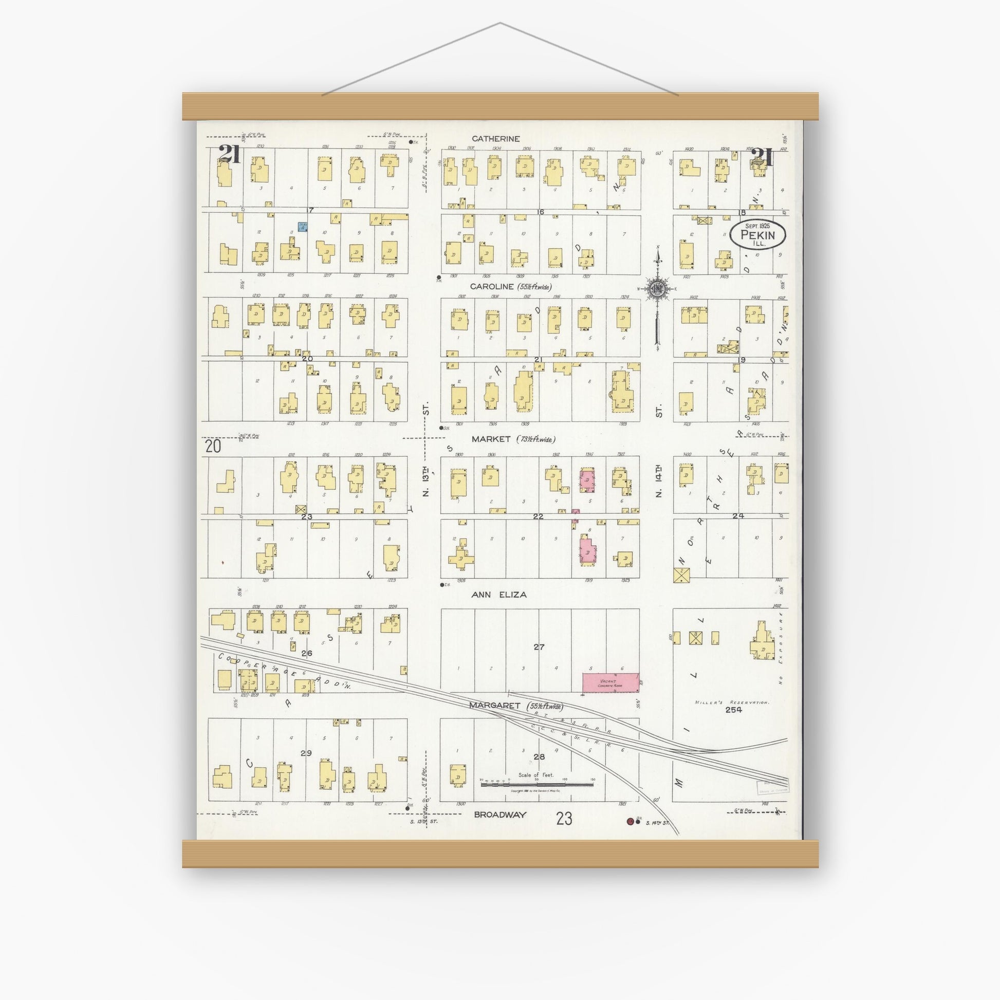 Old map wall art mockup — magnetic wood frame on white wall — Sanborn Fire Insurance Map from Pekin, Tazewell County, Illinois (1925), Sheet #0021