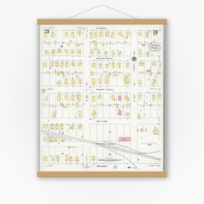 Old map wall art mockup — magnetic wood frame on white wall — Sanborn Fire Insurance Map from Pekin, Tazewell County, Illinois (1925), Sheet #0021