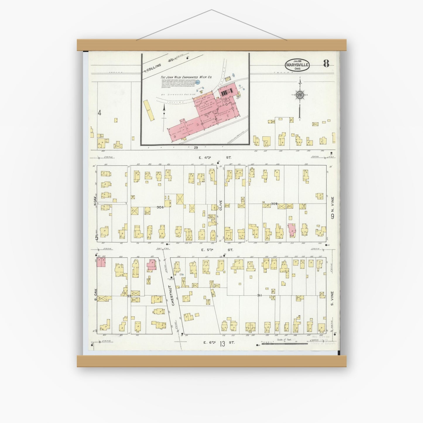 Old map wall art mockup — magnetic wood frame on white wall — Sanborn Fire Insurance Map from Marysville, Union County, Ohio (1916), Sheet #0008