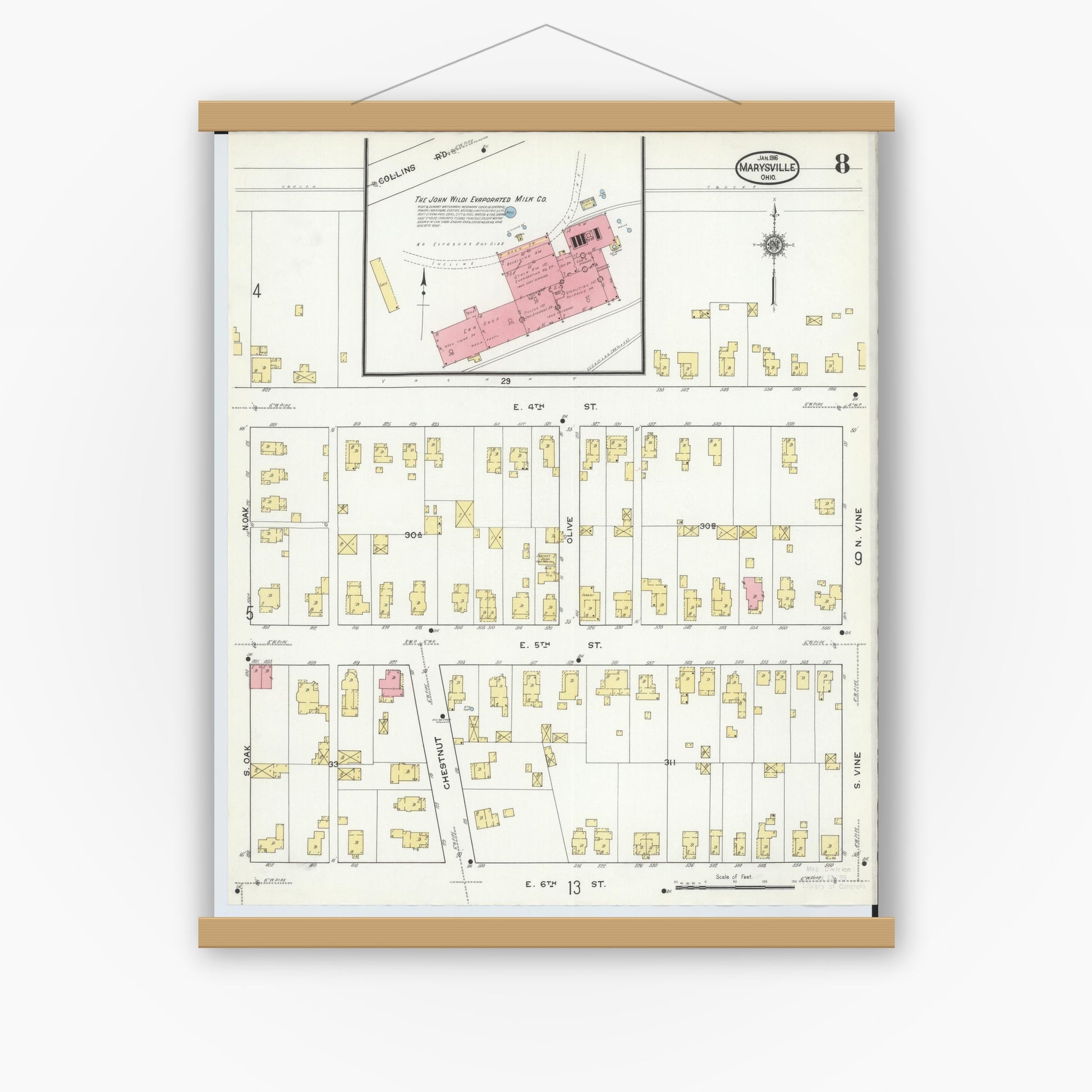 Old map wall art mockup — magnetic wood frame on white wall — Sanborn Fire Insurance Map from Marysville, Union County, Ohio (1916), Sheet #0008