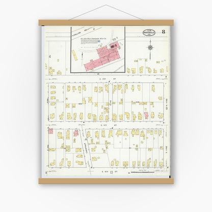 Old map wall art mockup — magnetic wood frame on white wall — Sanborn Fire Insurance Map from Marysville, Union County, Ohio (1916), Sheet #0008