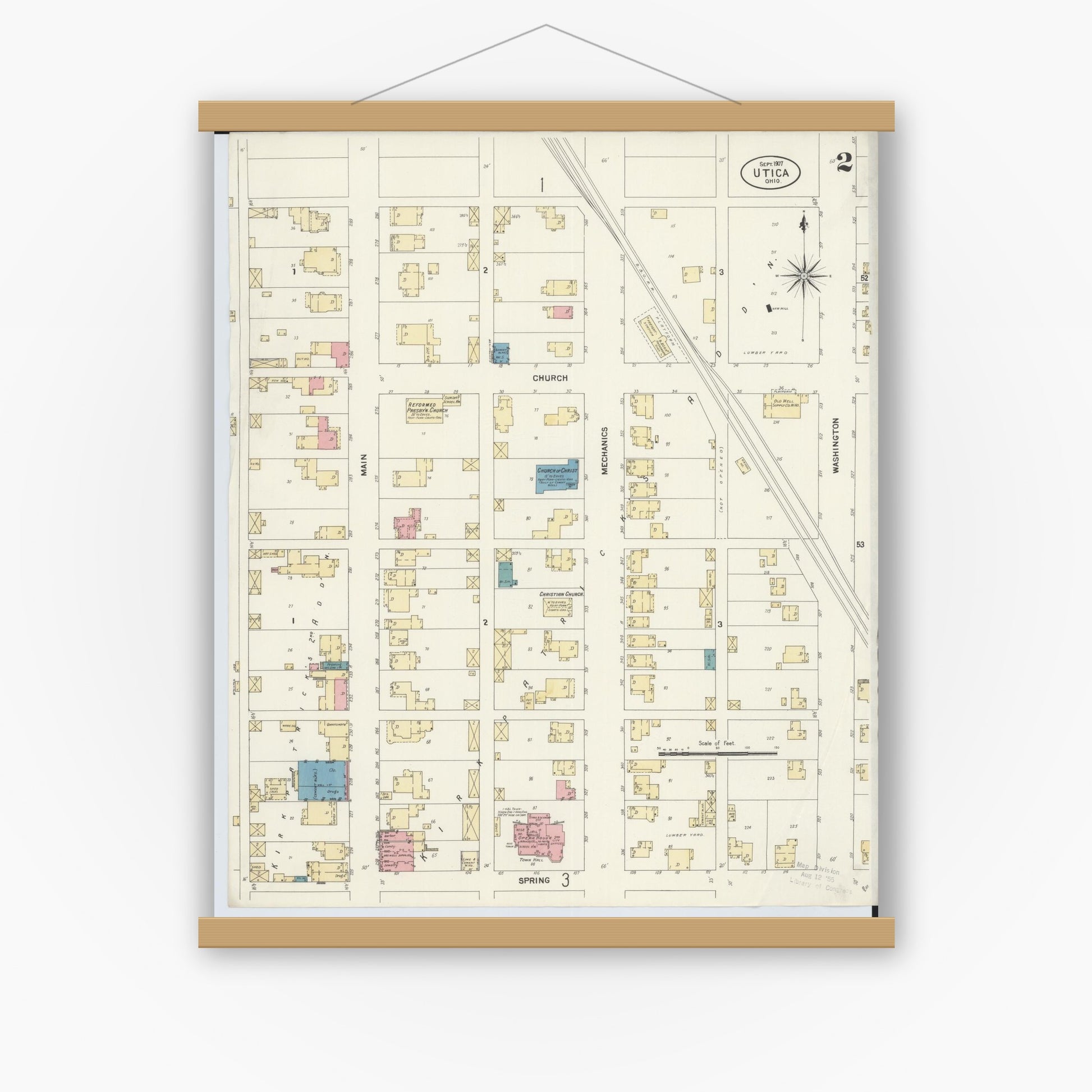 Old map wall art mockup — magnetic wood frame on white wall — Sanborn Fire Insurance Map from Utica, Licking County, Ohio (1907), Sheet #0002