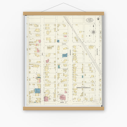 Old map wall art mockup — magnetic wood frame on white wall — Sanborn Fire Insurance Map from Utica, Licking County, Ohio (1907), Sheet #0002
