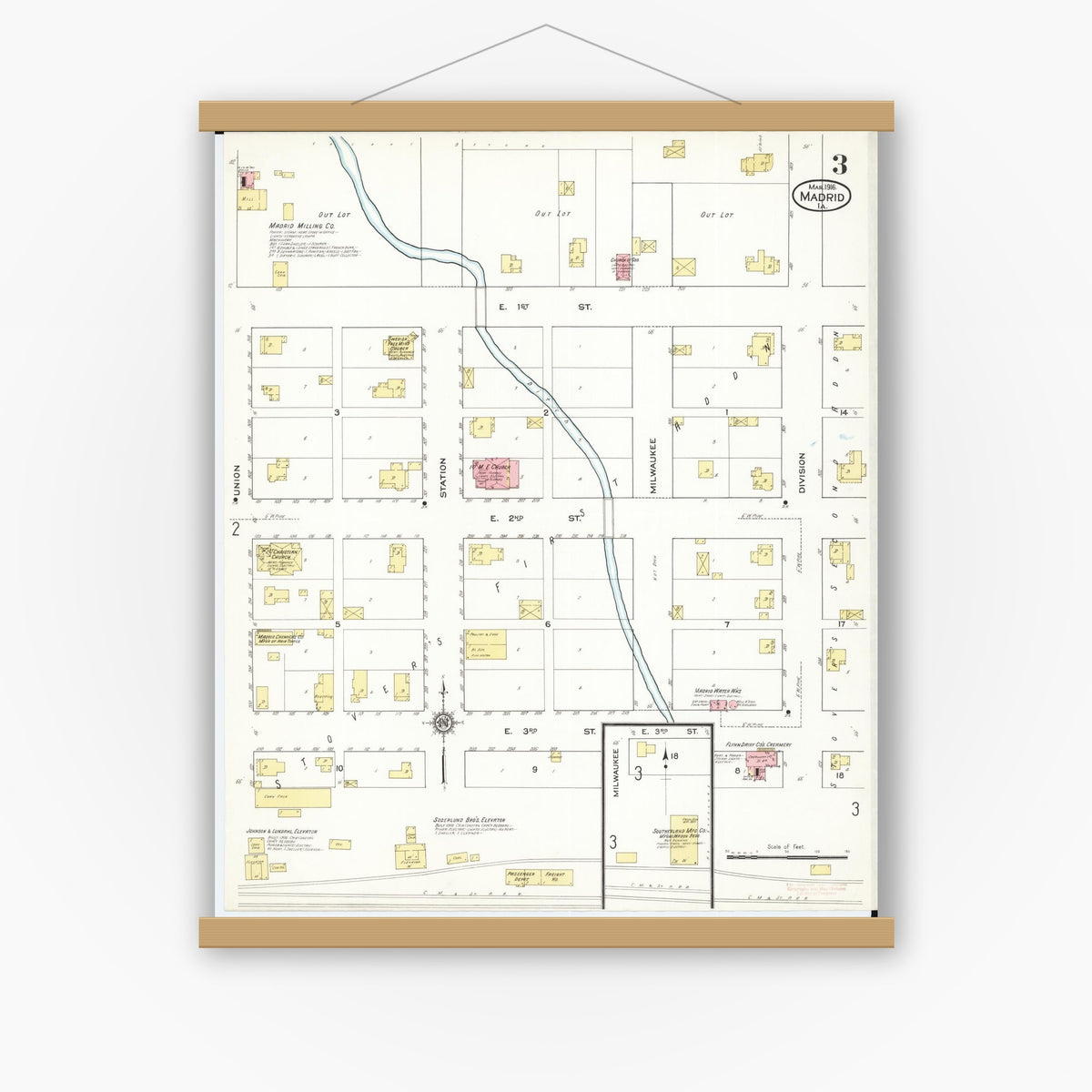 Old map wall art mockup — magnetic wood frame on white wall — Sanborn Fire Insurance Map from Madrid, Boone County, Iowa (1916), Sheet #0003