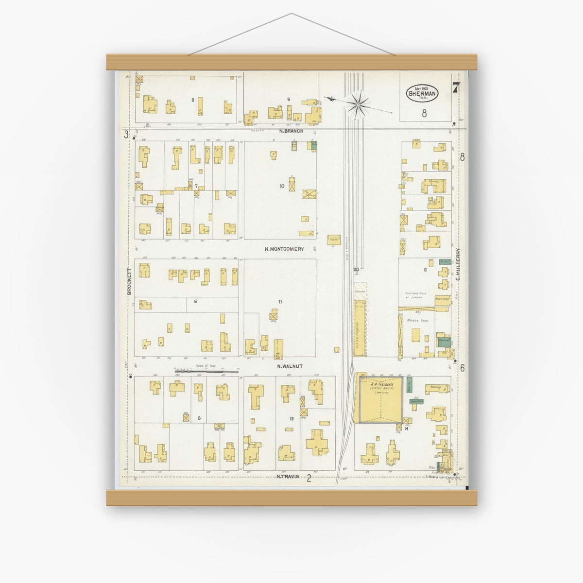 Old map wall art mockup — magnetic wood frame on white wall — Sanborn Fire Insurance Map from Sherman, Grayson County, Texas (1902), Sheet #0007