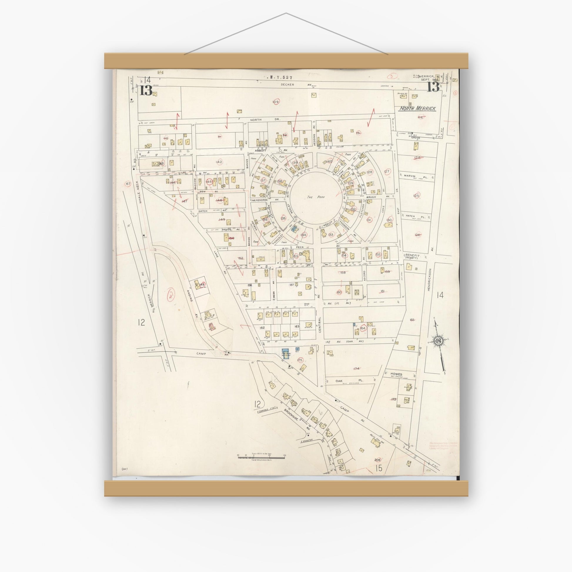 Old map wall art mockup — magnetic wood frame on white wall — Sanborn Fire Insurance Map from Merrick, Nassau County, New York (1947), Sheet #0013