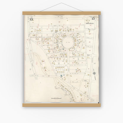 Old map wall art mockup — magnetic wood frame on white wall — Sanborn Fire Insurance Map from Merrick, Nassau County, New York (1947), Sheet #0013