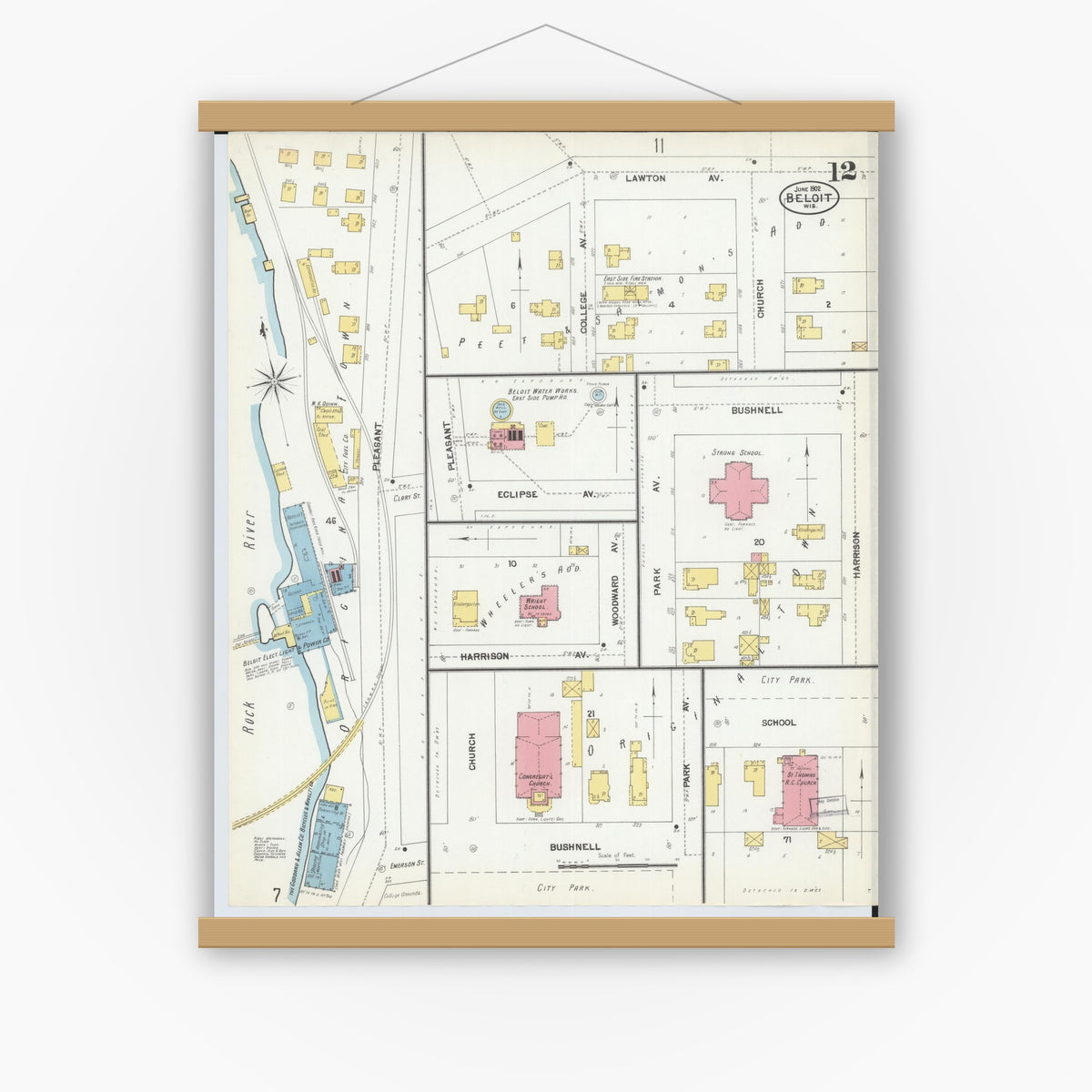 Old map wall art mockup — magnetic wood frame on white wall — Sanborn Fire Insurance Map from Beloit, Rock County, Wisconsin (1902), Sheet #0012