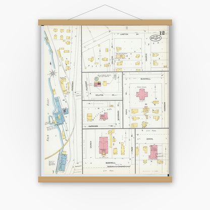 Old map wall art mockup — magnetic wood frame on white wall — Sanborn Fire Insurance Map from Beloit, Rock County, Wisconsin (1902), Sheet #0012