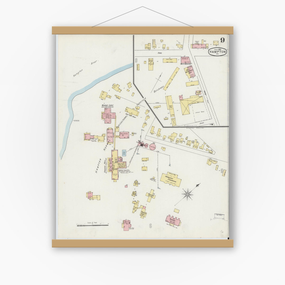 Old map wall art mockup — magnetic wood frame on white wall — Sanborn Fire Insurance Map from Hampton, Independent Cities, Virginia (1895), Sheet #0009