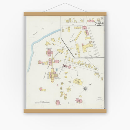Old map wall art mockup — magnetic wood frame on white wall — Sanborn Fire Insurance Map from Hampton, Independent Cities, Virginia (1895), Sheet #0009
