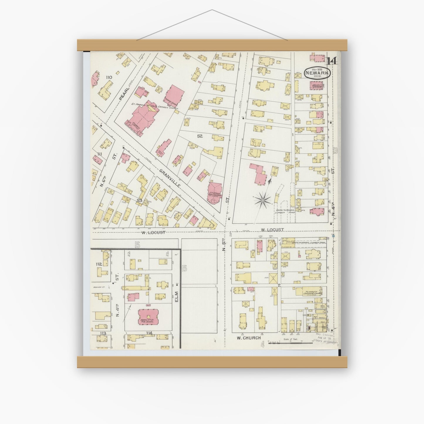 Old map wall art mockup — magnetic wood frame on white wall — Sanborn Fire Insurance Map from Newark, Licking County, Ohio (1893), Sheet #0014