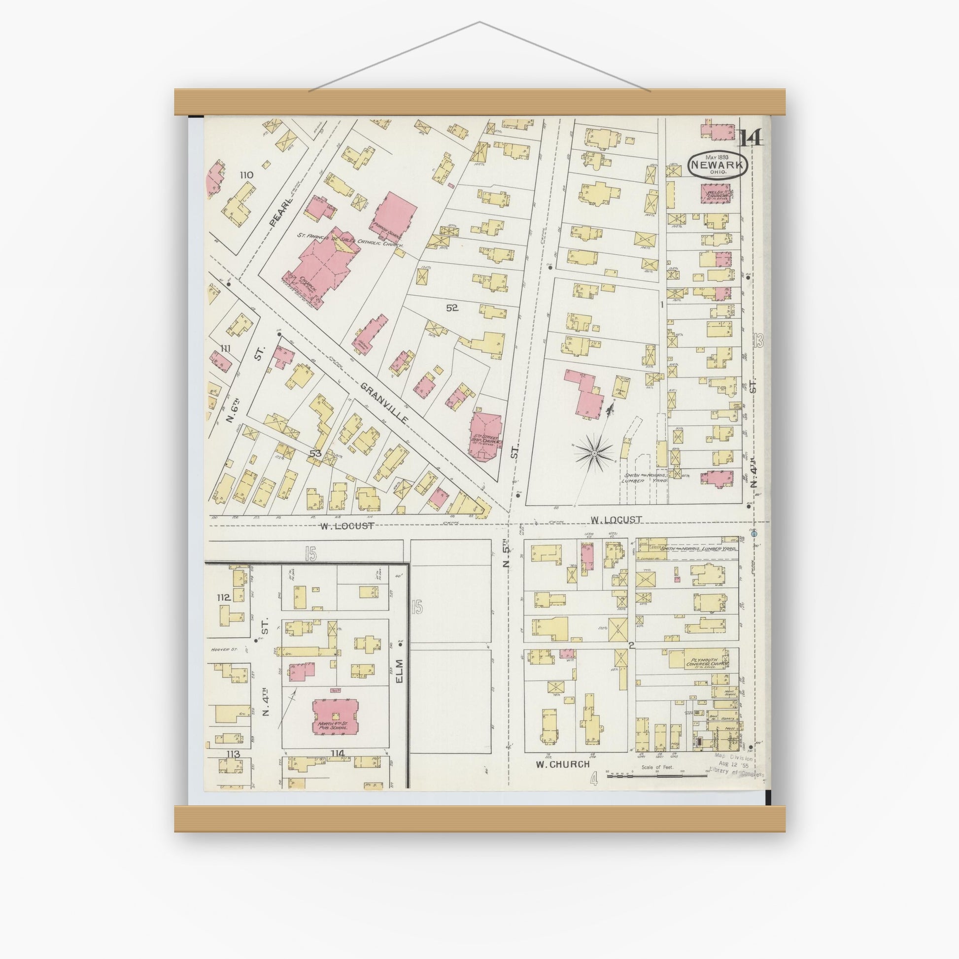 Old map wall art mockup — magnetic wood frame on white wall — Sanborn Fire Insurance Map from Newark, Licking County, Ohio (1893), Sheet #0014