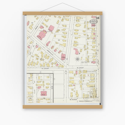 Old map wall art mockup — magnetic wood frame on white wall — Sanborn Fire Insurance Map from Newark, Licking County, Ohio (1893), Sheet #0014