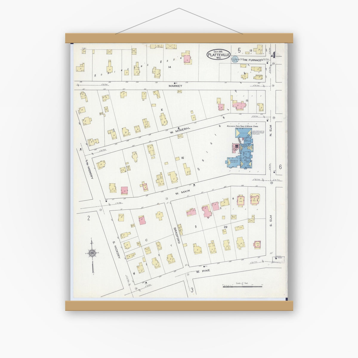 Old map wall art mockup — magnetic wood frame on white wall — Sanborn Fire Insurance Map from Platteville, Grant County, Wisconsin (1915), Sheet #0004