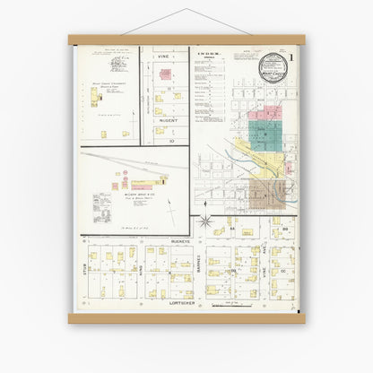 Old map wall art mockup — magnetic wood frame on white wall — Sanborn Fire Insurance Map from What Cheer, Keokuk County, Iowa (1893), Sheet #0001