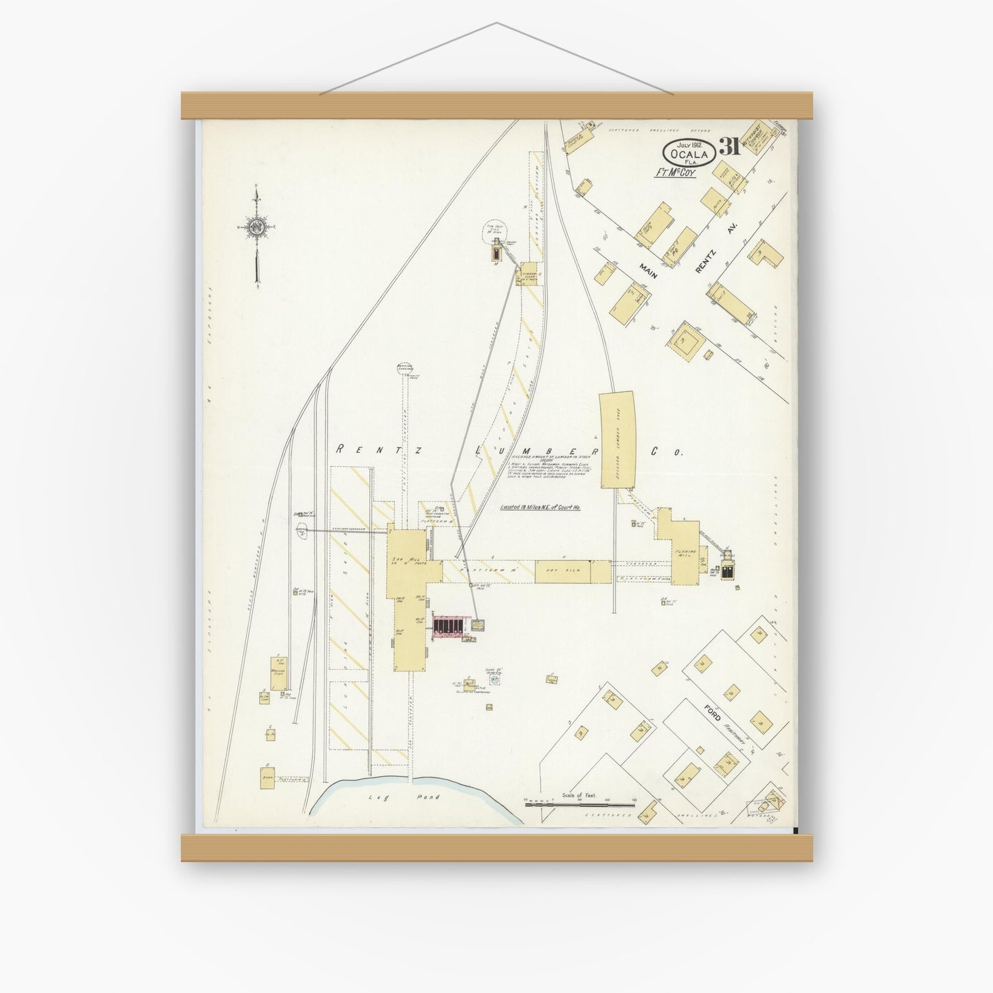 Old map wall art mockup — magnetic wood frame on white wall — Sanborn Fire Insurance Map from Ocala, Marion County, Florida (1912), Sheet #0031