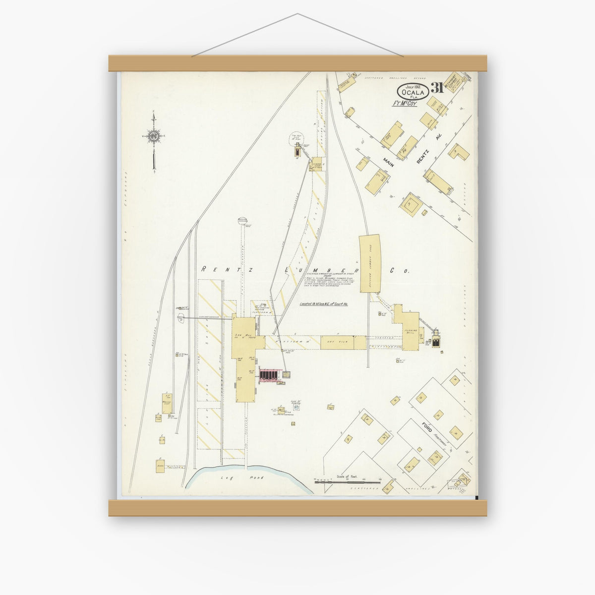 Old map wall art mockup — magnetic wood frame on white wall — Sanborn Fire Insurance Map from Ocala, Marion County, Florida (1912), Sheet #0031