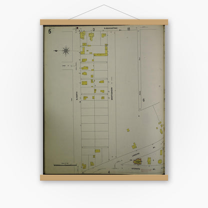 Old map wall art mockup — magnetic wood frame on white wall — Sanborn Fire Insurance Map from Jackson, Jackson County, Michigan (1907), Sheet #0005